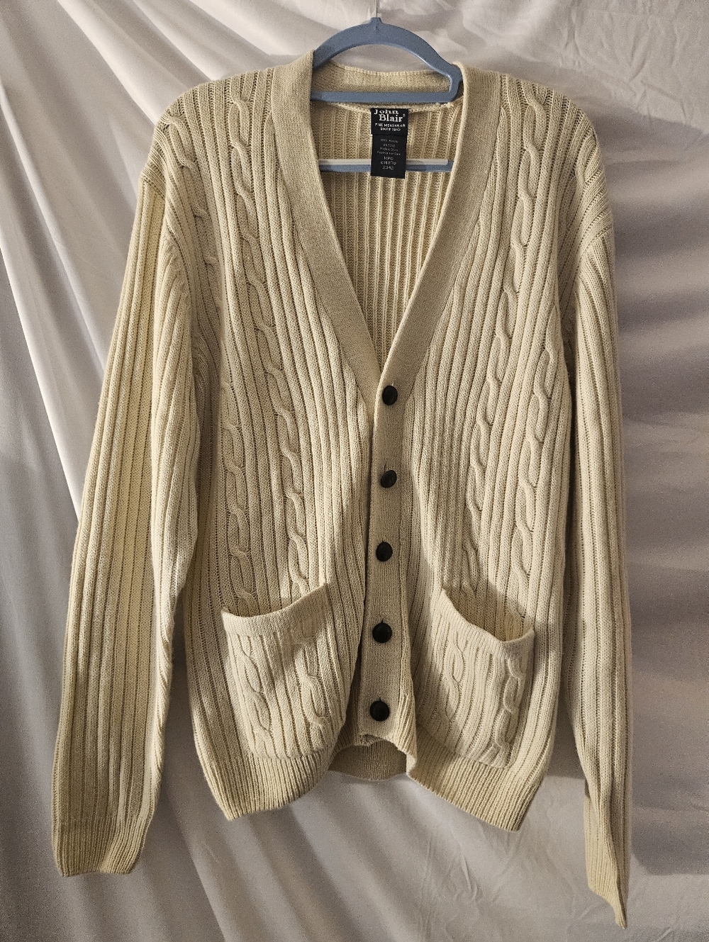 John Blair VtgSweater‎ Men’s M Beige/cream Cable Knit Button Cardigan Pockets